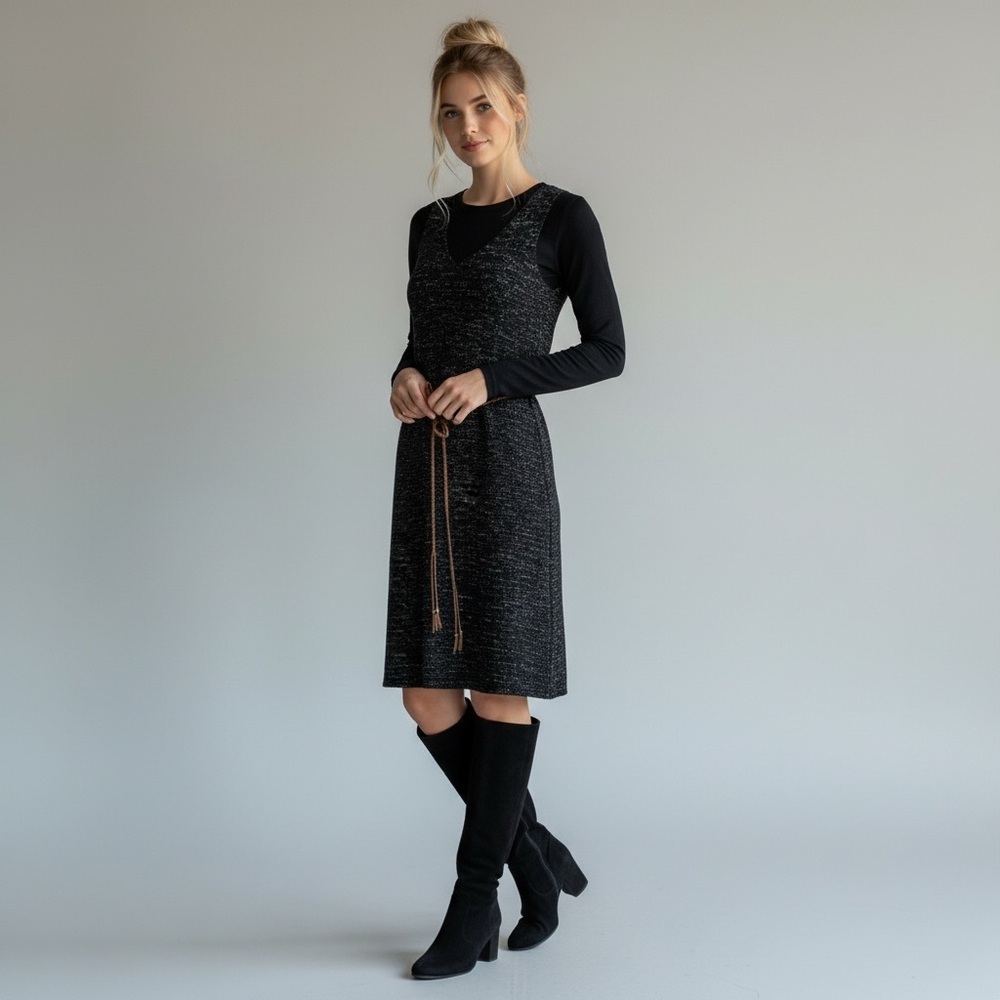Soft Surroundings Size XS Crochet Knit Belted Midi Dress Black/GoldMetallic Boho